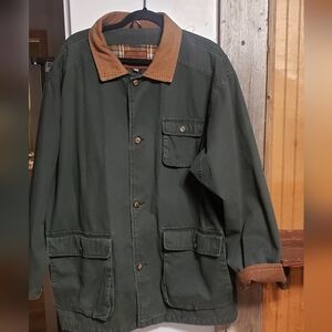 Men XXL Barn Coat Army Green Tan Corduroy Collar And Cuffs Plaid Inside Pockets